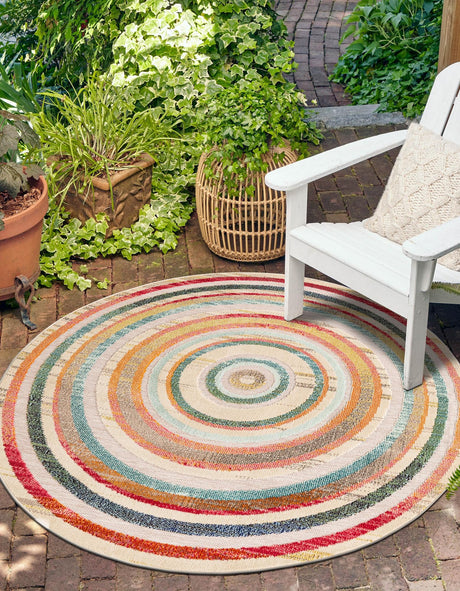 Multicolor Beige 6' 1 x 6' 1 Outdoor Casablanca Round Area Rug Weather Resistant for Patio, Deck, Terrace, Balcony, Porch Polypropylene Vivid Colorful Modern Carpet for Sale at Rug Engine