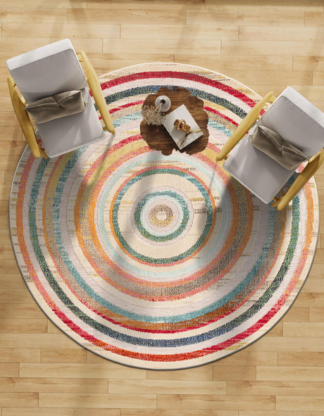 Multicolor Beige 6' 1 x 6' 1 Outdoor Casablanca Round Area Rug Weather Resistant for Patio, Deck, Terrace, Balcony, Porch Polypropylene Vivid Colorful Modern Carpet for Sale at Rug Engine