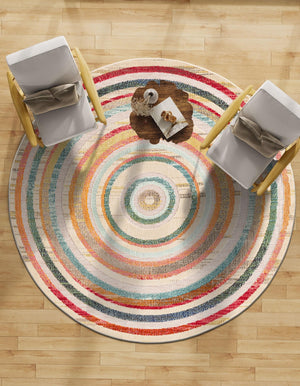 Multicolor Beige 3' 1 x 3' 1 Outdoor Casablanca Round Area Rug Weather Resistant for Patio, Deck, Terrace, Balcony, Porch Polypropylene Vivid Colorful Modern Carpet for Sale at Rug Engine