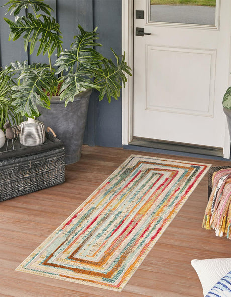 Multicolor Beige 2' 7 x 10' Outdoor Casablanca Runner Area Rug Weather Resistant for Patio, Deck, Terrace, Balcony, Porch Polypropylene Vivid Colorful Modern Carpet for Sale at Rug Engine