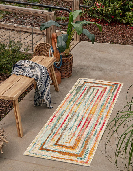 Multicolor Beige 2' 7 x 10' Outdoor Casablanca Runner Area Rug Weather Resistant for Patio, Deck, Terrace, Balcony, Porch Polypropylene Vivid Colorful Modern Carpet for Sale at Rug Engine