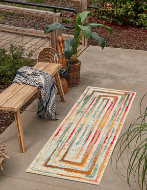 Multicolor Beige 2' x 8' Outdoor Casablanca Runner Area Rug Weather Resistant for Patio, Deck, Terrace, Balcony, Porch Polypropylene Vivid Colorful Modern Carpet for Sale at Rug Engine