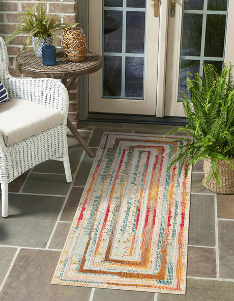 Multicolor Beige 2' 7 x 10' Outdoor Casablanca Runner Area Rug Weather Resistant for Patio, Deck, Terrace, Balcony, Porch Polypropylene Vivid Colorful Modern Carpet for Sale at Rug Engine