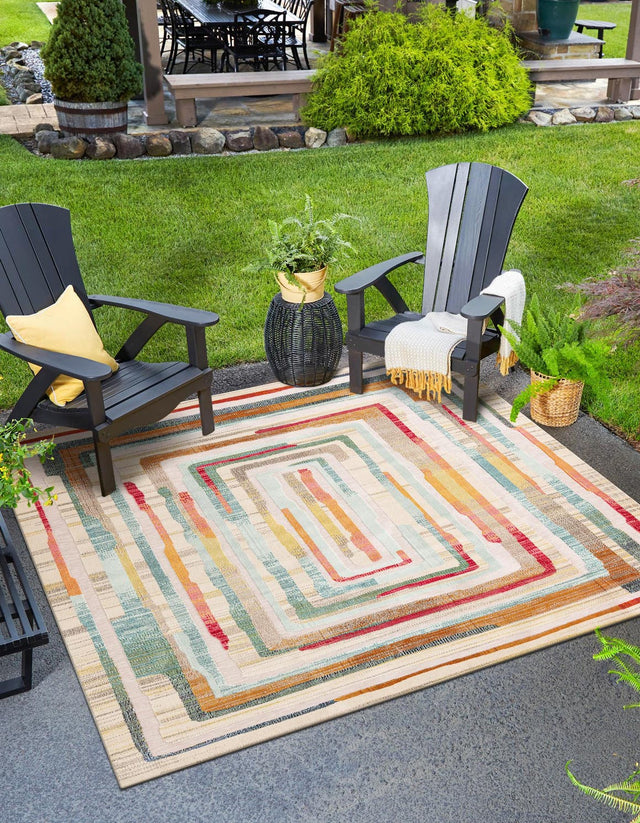 Multicolor Beige 7' 10 x 7' 10 Outdoor Casablanca Square Area Rug Weather Resistant for Patio, Deck, Terrace, Balcony, Porch Polypropylene Vivid Colorful Modern Carpet for Sale at Rug Engine