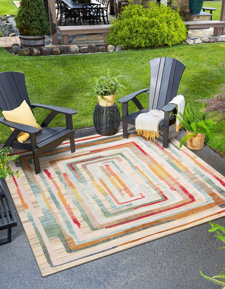 Multicolor Beige 10' x 10' Outdoor Casablanca Square Area Rug Weather Resistant for Patio, Deck, Terrace, Balcony, Porch Polypropylene Vivid Colorful Modern Carpet for Sale at Rug Engine