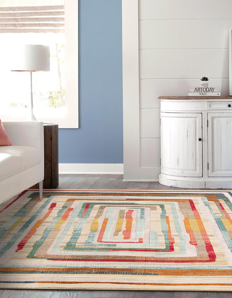 Multicolor Beige 10' x 10' Outdoor Casablanca Square Area Rug Weather Resistant for Patio, Deck, Terrace, Balcony, Porch Polypropylene Vivid Colorful Modern Carpet for Sale at Rug Engine