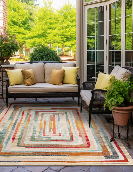 Multicolor Beige 10' x 10' Outdoor Casablanca Square Area Rug Weather Resistant for Patio, Deck, Terrace, Balcony, Porch Polypropylene Vivid Colorful Modern Carpet for Sale at Rug Engine