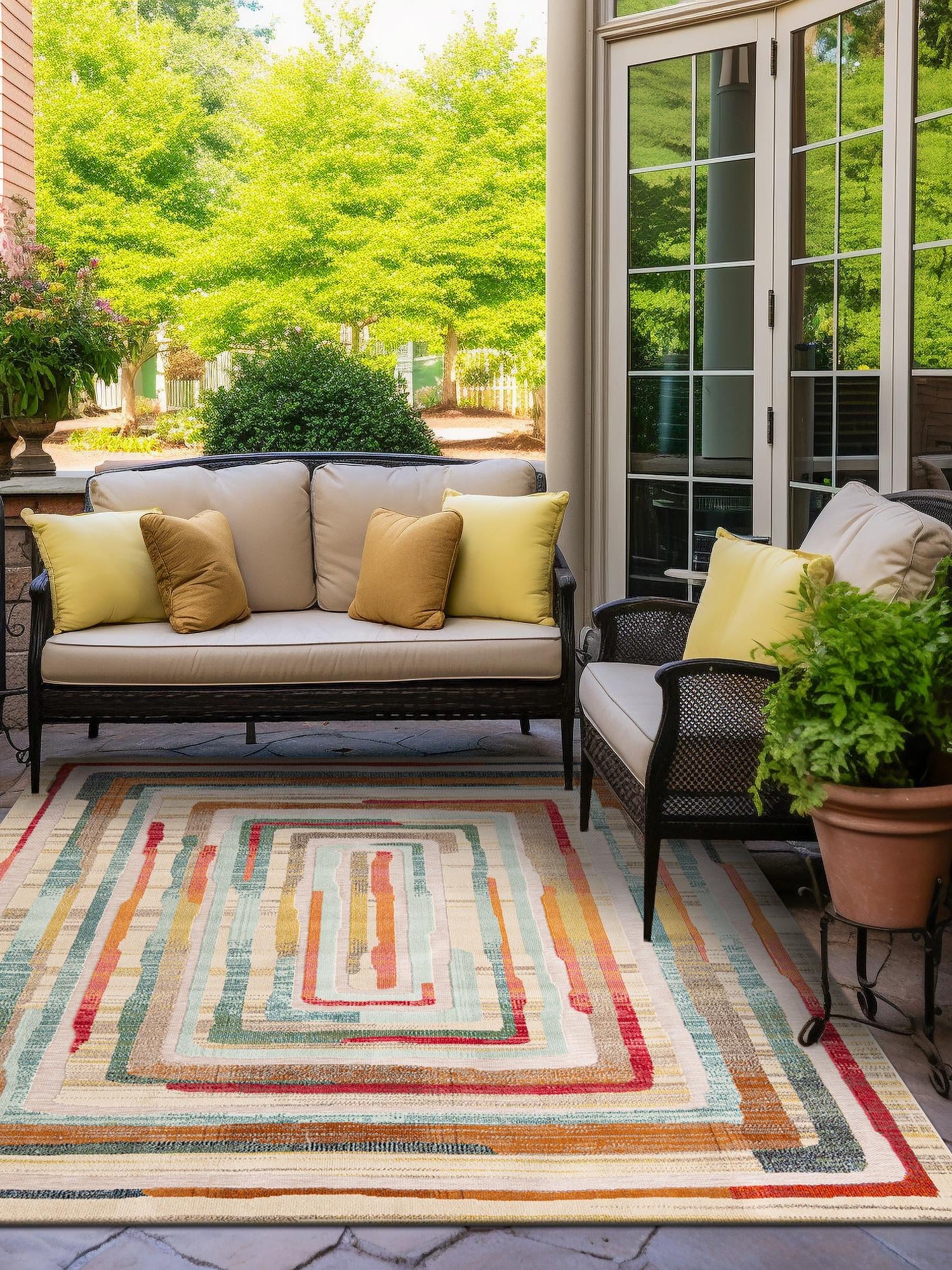 Multicolor Beige 7' 10 x 7' 10 Outdoor Casablanca Square Area Rug Weather Resistant for Patio, Deck, Terrace, Balcony, Porch Polypropylene Vivid Colorful Modern Carpet for Sale at Rug Engine