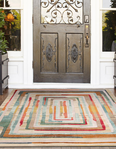 Multicolor Beige 10' x 10' Outdoor Casablanca Square Area Rug Weather Resistant for Patio, Deck, Terrace, Balcony, Porch Polypropylene Vivid Colorful Modern Carpet for Sale at Rug Engine