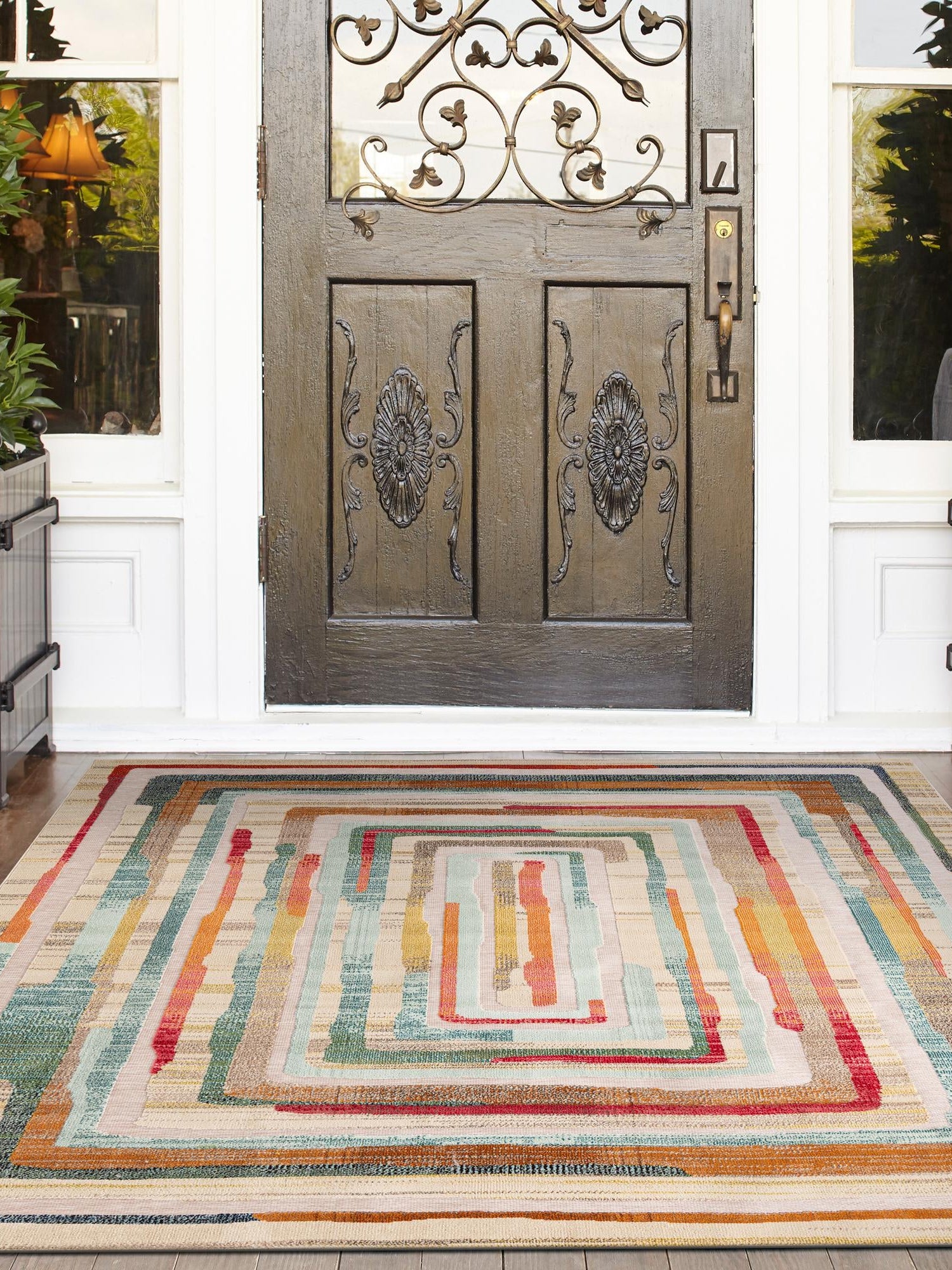 Multicolor Beige 7' 10 x 7' 10 Outdoor Casablanca Square Area Rug Weather Resistant for Patio, Deck, Terrace, Balcony, Porch Polypropylene Vivid Colorful Modern Carpet for Sale at Rug Engine