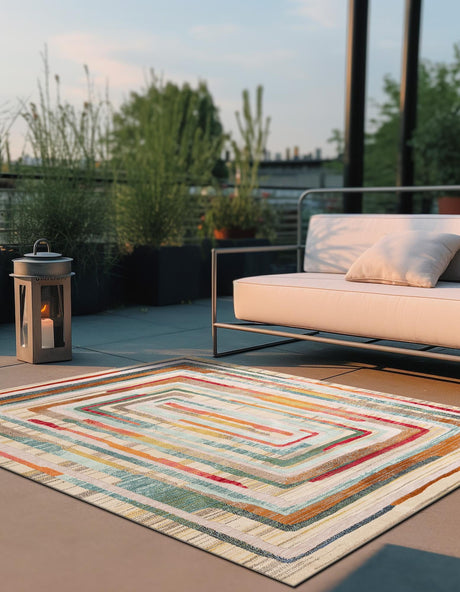 Multicolor Beige 10' x 10' Outdoor Casablanca Square Area Rug Weather Resistant for Patio, Deck, Terrace, Balcony, Porch Polypropylene Vivid Colorful Modern Carpet for Sale at Rug Engine