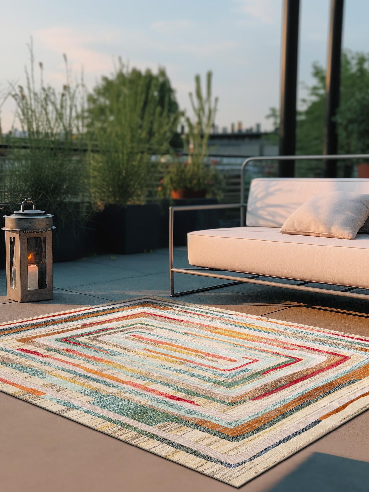 Multicolor Beige 7' 10 x 7' 10 Outdoor Casablanca Square Area Rug Weather Resistant for Patio, Deck, Terrace, Balcony, Porch Polypropylene Vivid Colorful Modern Carpet for Sale at Rug Engine