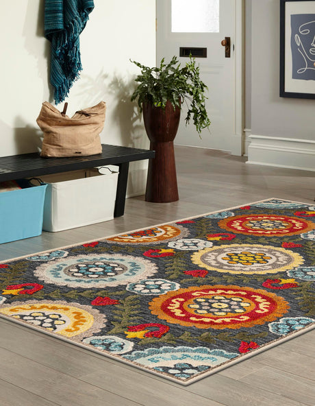 Gray 6' 1 x 9' Outdoor Casablanca Rectangle Area Rug Weather Resistant for Patio, Deck, Terrace, Balcony, Porch Polypropylene Vivid Colorful Modern Carpet for Sale at Rug Engine