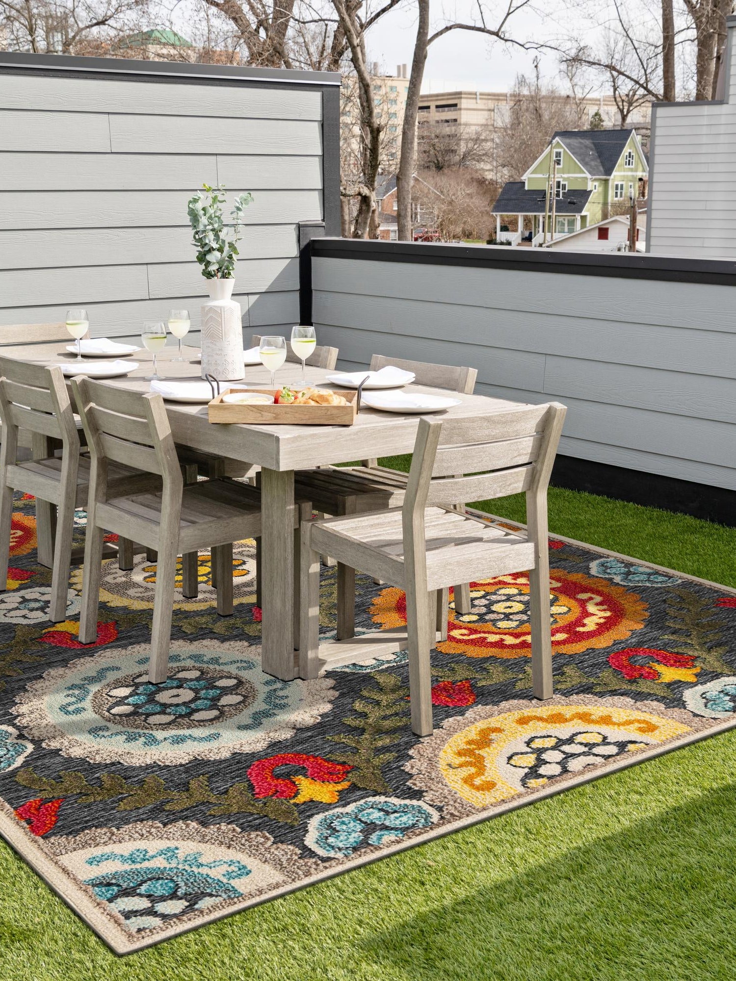 Gray 4' 1 x 6' 1 Outdoor Casablanca Rectangle Area Rug Weather Resistant for Patio, Deck, Terrace, Balcony, Porch Polypropylene Vivid Colorful Modern Carpet for Sale at Rug Engine