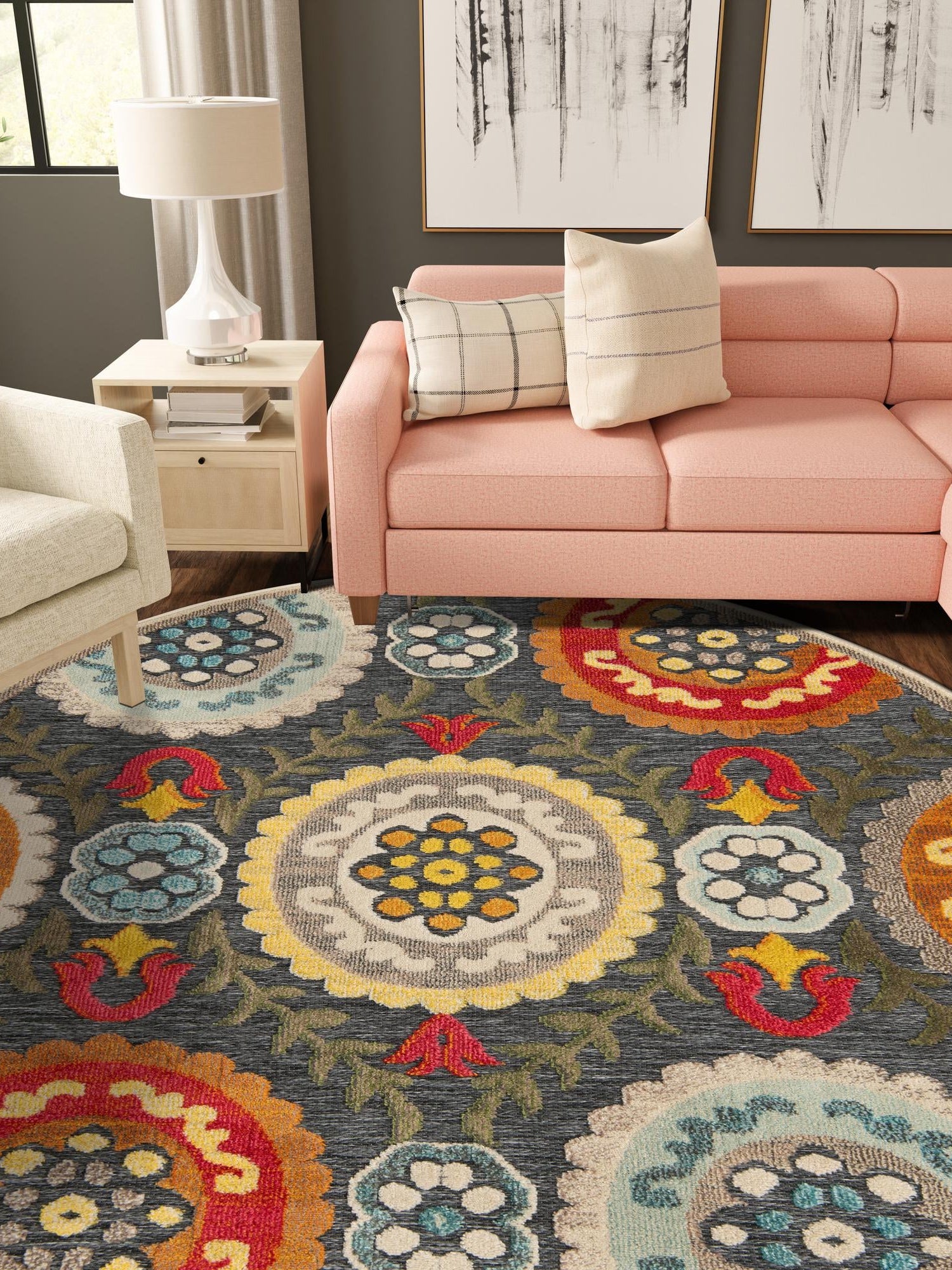 Gray 6' 1 x 6' 1 Outdoor Casablanca Round Area Rug Weather Resistant for Patio, Deck, Terrace, Balcony, Porch Polypropylene Vivid Colorful Modern Carpet for Sale at Rug Engine