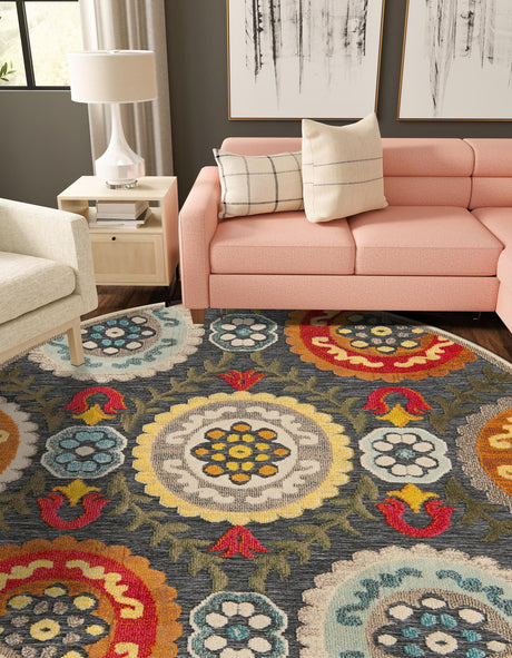 Gray 6' 1 x 6' 1 Outdoor Casablanca Round Area Rug Weather Resistant for Patio, Deck, Terrace, Balcony, Porch Polypropylene Vivid Colorful Modern Carpet for Sale at Rug Engine