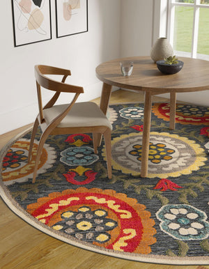 Gray 7' 10 x 7' 10 Outdoor Casablanca Round Area Rug Weather Resistant for Patio, Deck, Terrace, Balcony, Porch Polypropylene Vivid Colorful Modern Carpet for Sale at Rug Engine