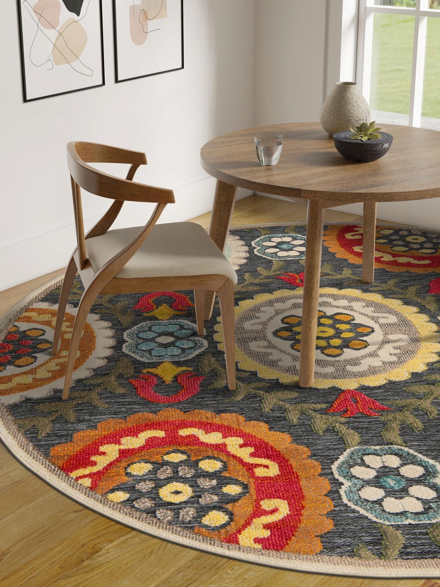 Gray 6' 1 x 6' 1 Outdoor Casablanca Round Area Rug Weather Resistant for Patio, Deck, Terrace, Balcony, Porch Polypropylene Vivid Colorful Modern Carpet for Sale at Rug Engine