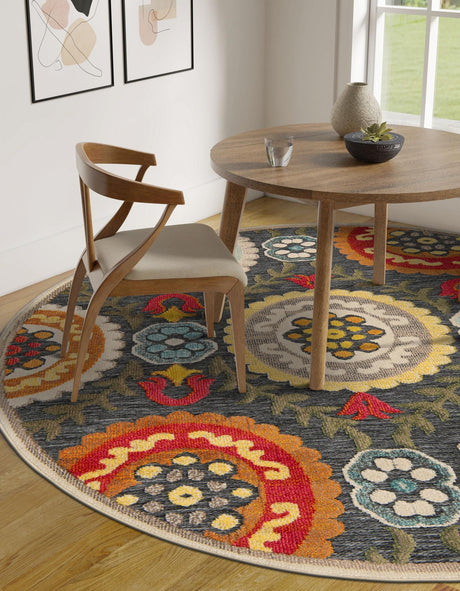Gray 6' 1 x 6' 1 Outdoor Casablanca Round Area Rug Weather Resistant for Patio, Deck, Terrace, Balcony, Porch Polypropylene Vivid Colorful Modern Carpet for Sale at Rug Engine