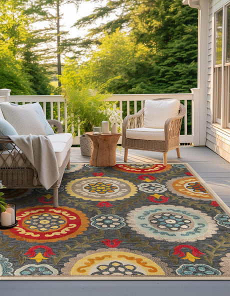 Gray 7' 10 x 7' 10 Outdoor Casablanca Square Area Rug Weather Resistant for Patio, Deck, Terrace, Balcony, Porch Polypropylene Vivid Colorful Modern Carpet for Sale at Rug Engine