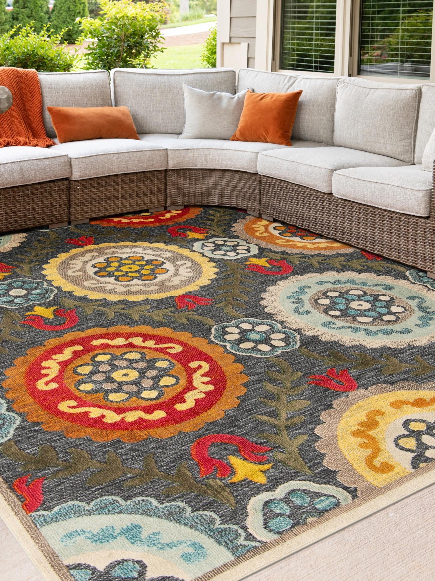 Gray 10' x 10' Outdoor Casablanca Square Area Rug Weather Resistant for Patio, Deck, Terrace, Balcony, Porch Polypropylene Vivid Colorful Modern Carpet for Sale at Rug Engine