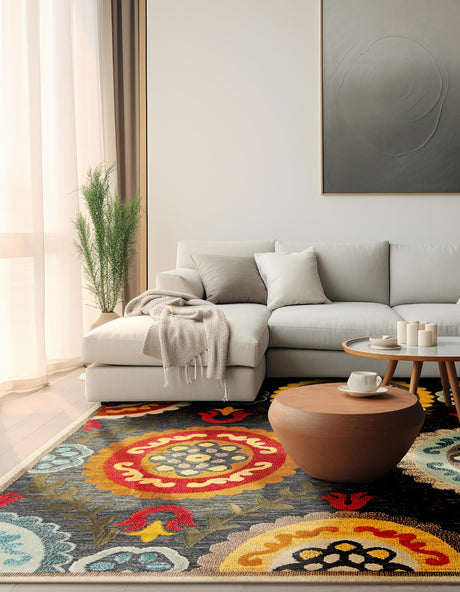 Gray 7' 10 x 7' 10 Outdoor Casablanca Square Area Rug Weather Resistant for Patio, Deck, Terrace, Balcony, Porch Polypropylene Vivid Colorful Modern Carpet for Sale at Rug Engine