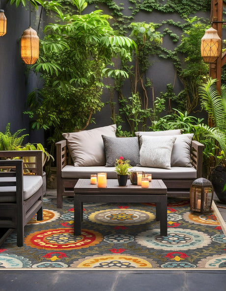 Gray 7' 10 x 7' 10 Outdoor Casablanca Square Area Rug Weather Resistant for Patio, Deck, Terrace, Balcony, Porch Polypropylene Vivid Colorful Modern Carpet for Sale at Rug Engine