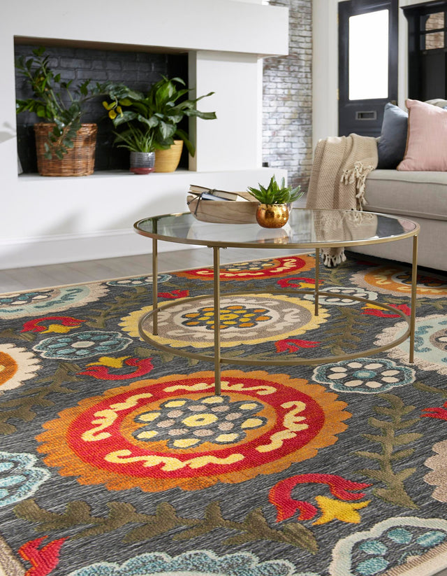 Gray 7' 10 x 7' 10 Outdoor Casablanca Square Area Rug Weather Resistant for Patio, Deck, Terrace, Balcony, Porch Polypropylene Vivid Colorful Modern Carpet for Sale at Rug Engine