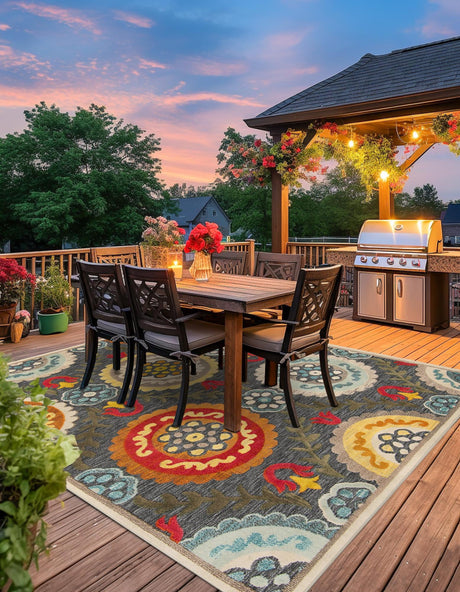 Gray 7' 10 x 7' 10 Outdoor Casablanca Square Area Rug Weather Resistant for Patio, Deck, Terrace, Balcony, Porch Polypropylene Vivid Colorful Modern Carpet for Sale at Rug Engine