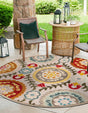 Ivory Beige 7' 10 x 7' 10 Outdoor Casablanca Round Area Rug Weather Resistant for Patio, Deck, Terrace, Balcony, Porch Polypropylene Vivid Colorful Modern Carpet for Sale at Rug Engine