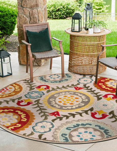 Ivory Beige 3' 1 x 3' 1 Outdoor Casablanca Round Area Rug Weather Resistant for Patio, Deck, Terrace, Balcony, Porch Polypropylene Vivid Colorful Modern Carpet for Sale at Rug Engine