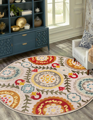 Ivory Beige 6' 1 x 6' 1 Outdoor Casablanca Round Area Rug Weather Resistant for Patio, Deck, Terrace, Balcony, Porch Polypropylene Vivid Colorful Modern Carpet for Sale at Rug Engine