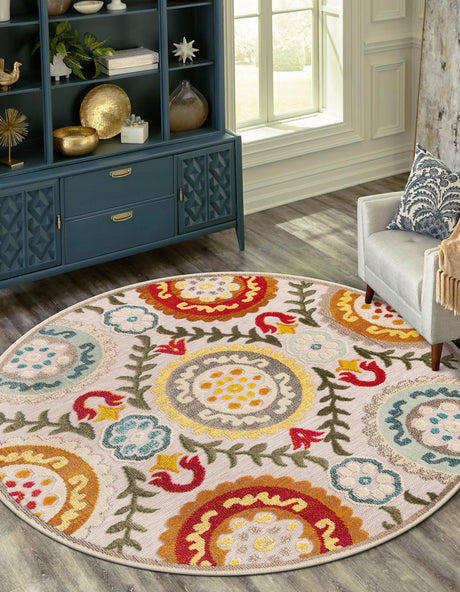Ivory Beige 3' 1 x 3' 1 Outdoor Casablanca Round Area Rug Weather Resistant for Patio, Deck, Terrace, Balcony, Porch Polypropylene Vivid Colorful Modern Carpet for Sale at Rug Engine