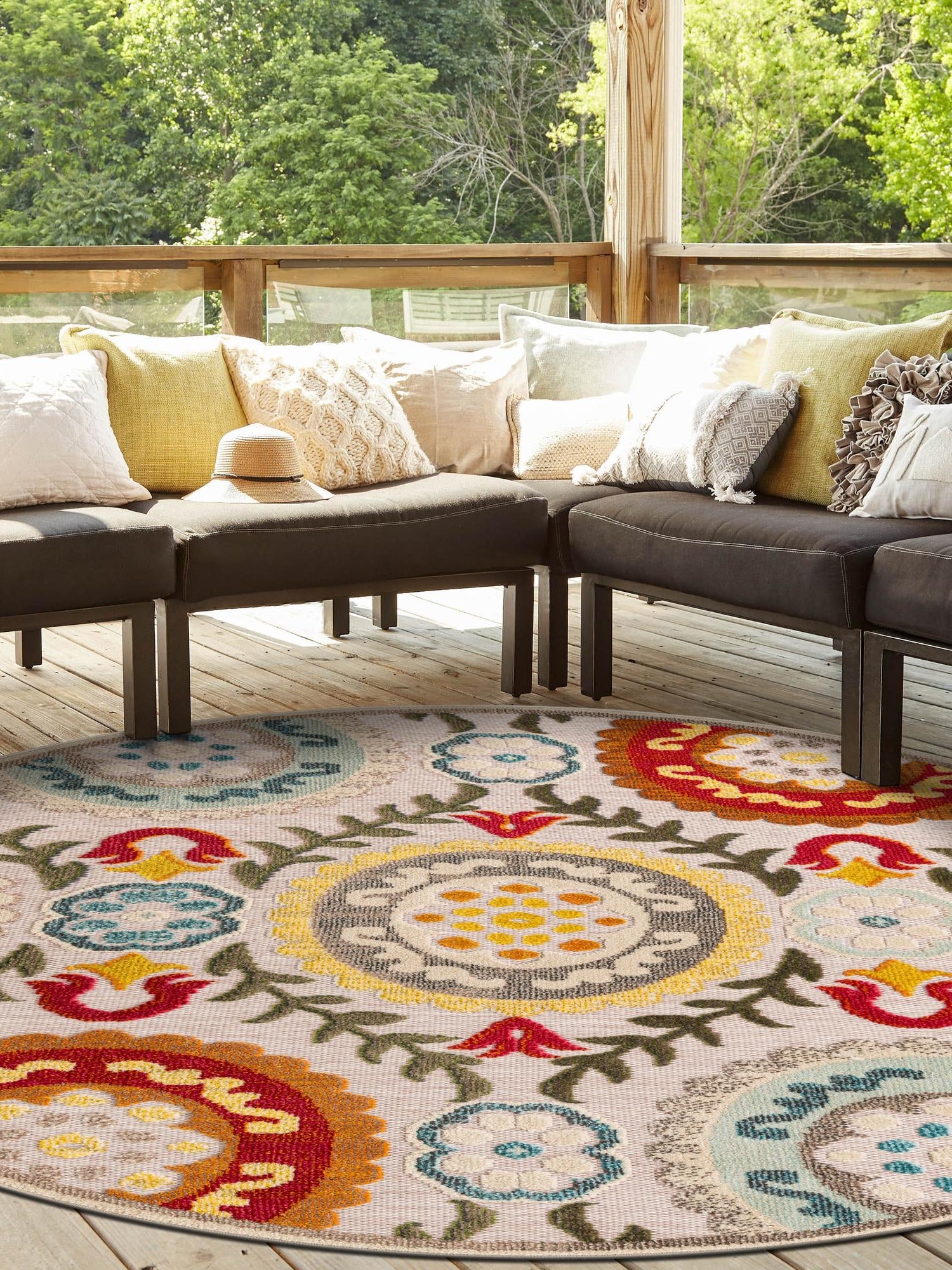 Ivory Beige 6' 1 x 6' 1 Outdoor Casablanca Round Area Rug Weather Resistant for Patio, Deck, Terrace, Balcony, Porch Polypropylene Vivid Colorful Modern Carpet for Sale at Rug Engine