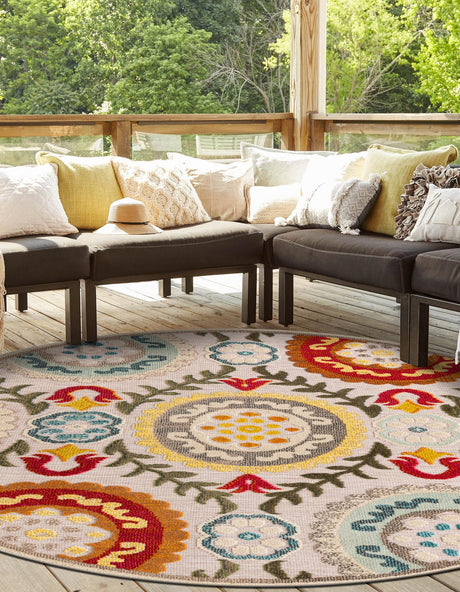 Ivory Beige 6' 1 x 6' 1 Outdoor Casablanca Round Area Rug Weather Resistant for Patio, Deck, Terrace, Balcony, Porch Polypropylene Vivid Colorful Modern Carpet for Sale at Rug Engine