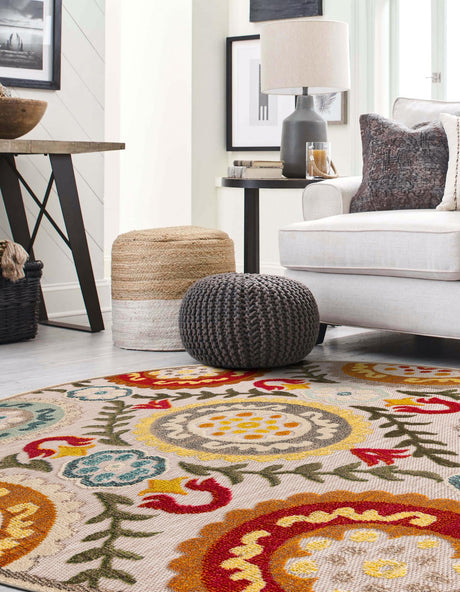 Ivory Beige 7' 10 x 7' 10 Outdoor Casablanca Round Area Rug Weather Resistant for Patio, Deck, Terrace, Balcony, Porch Polypropylene Vivid Colorful Modern Carpet for Sale at Rug Engine