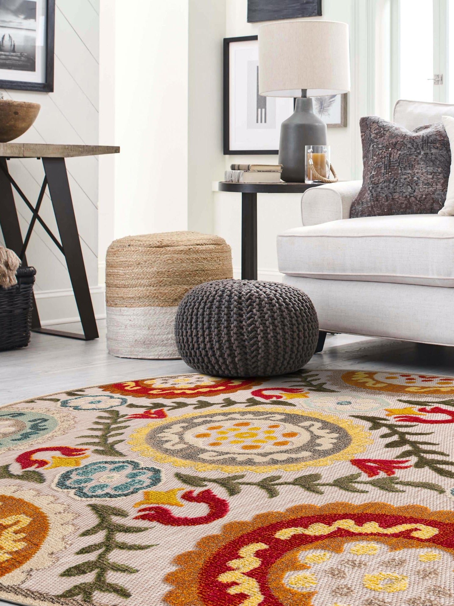 Ivory Beige 6' 1 x 6' 1 Outdoor Casablanca Round Area Rug Weather Resistant for Patio, Deck, Terrace, Balcony, Porch Polypropylene Vivid Colorful Modern Carpet for Sale at Rug Engine