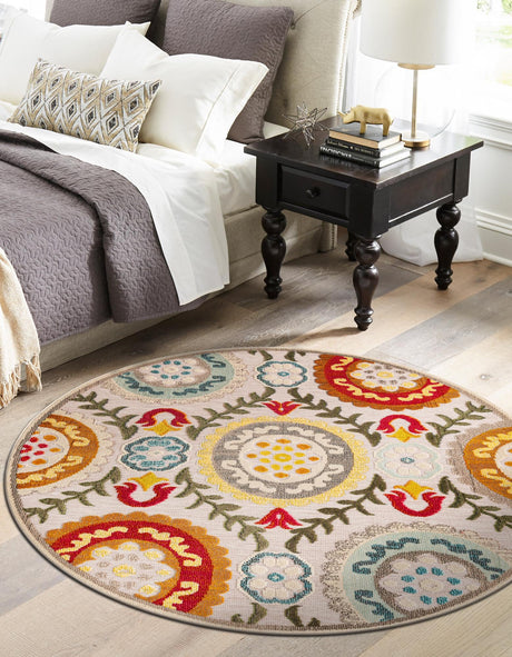 Ivory Beige 7' 10 x 7' 10 Outdoor Casablanca Round Area Rug Weather Resistant for Patio, Deck, Terrace, Balcony, Porch Polypropylene Vivid Colorful Modern Carpet for Sale at Rug Engine