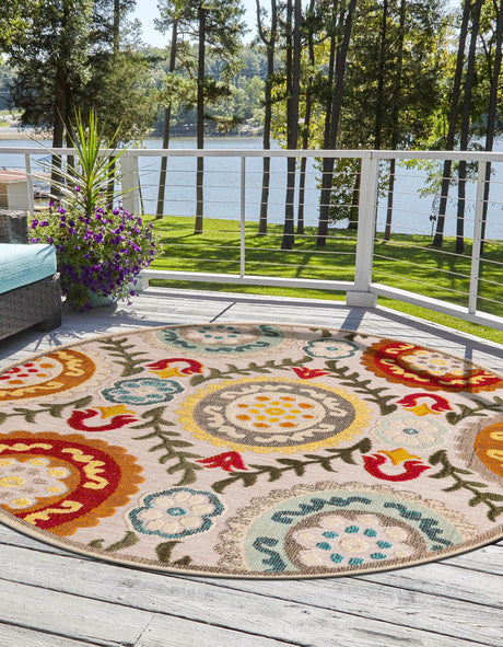 Ivory Beige 7' 10 x 7' 10 Outdoor Casablanca Round Area Rug Weather Resistant for Patio, Deck, Terrace, Balcony, Porch Polypropylene Vivid Colorful Modern Carpet for Sale at Rug Engine