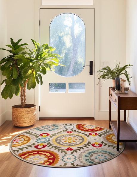 Ivory Beige 7' 10 x 7' 10 Outdoor Casablanca Round Area Rug Weather Resistant for Patio, Deck, Terrace, Balcony, Porch Polypropylene Vivid Colorful Modern Carpet for Sale at Rug Engine