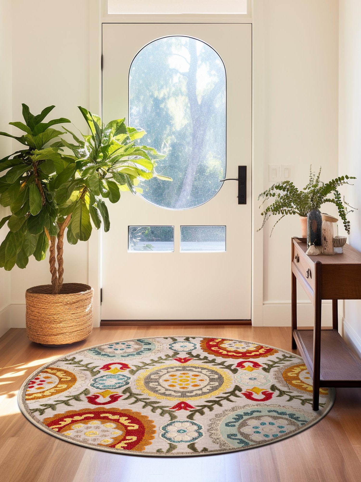 Ivory Beige 3' 1 x 3' 1 Outdoor Casablanca Round Area Rug Weather Resistant for Patio, Deck, Terrace, Balcony, Porch Polypropylene Vivid Colorful Modern Carpet for Sale at Rug Engine