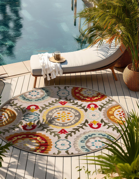 Ivory Beige 7' 10 x 7' 10 Outdoor Casablanca Round Area Rug Weather Resistant for Patio, Deck, Terrace, Balcony, Porch Polypropylene Vivid Colorful Modern Carpet for Sale at Rug Engine