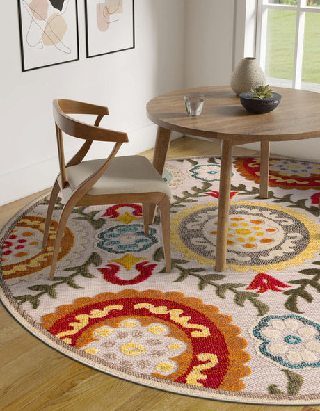 Ivory Beige 3' 1 x 3' 1 Outdoor Casablanca Round Area Rug Weather Resistant for Patio, Deck, Terrace, Balcony, Porch Polypropylene Vivid Colorful Modern Carpet for Sale at Rug Engine
