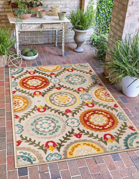 Ivory Beige 5' 3 x 8' Outdoor Casablanca Rectangle Area Rug Weather Resistant for Patio, Deck, Terrace, Balcony, Porch Polypropylene Vivid Colorful Modern Carpet for Sale at Rug Engine