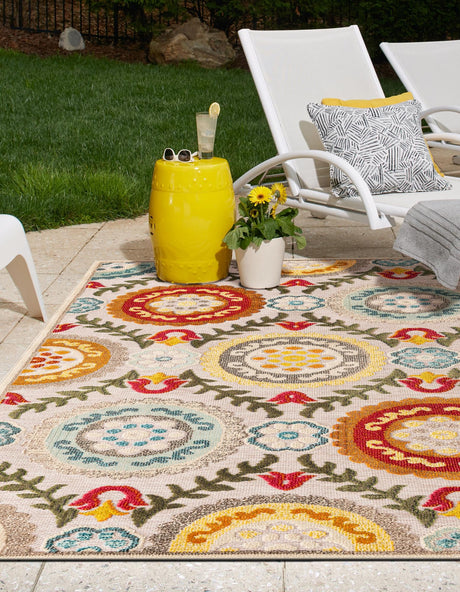 Ivory Beige 6' 1 x 9' Outdoor Casablanca Rectangle Area Rug Weather Resistant for Patio, Deck, Terrace, Balcony, Porch Polypropylene Vivid Colorful Modern Carpet for Sale at Rug Engine