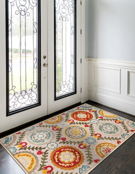 Ivory Beige 6' 1 x 9' Outdoor Casablanca Rectangle Area Rug Weather Resistant for Patio, Deck, Terrace, Balcony, Porch Polypropylene Vivid Colorful Modern Carpet for Sale at Rug Engine