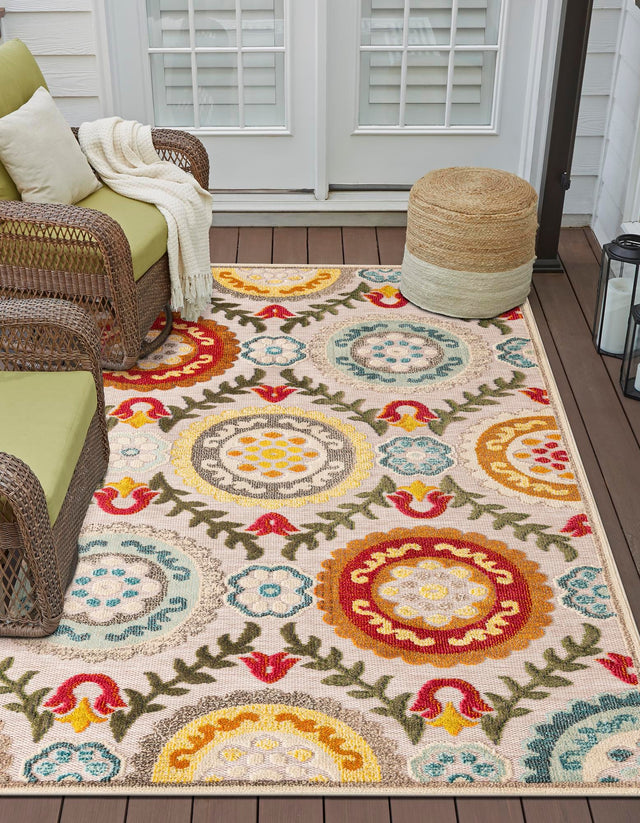 Ivory Beige 5' 1 x 7' 1 Outdoor Casablanca Rectangle Area Rug Weather Resistant for Patio, Deck, Terrace, Balcony, Porch Polypropylene Vivid Colorful Modern Carpet for Sale at Rug Engine