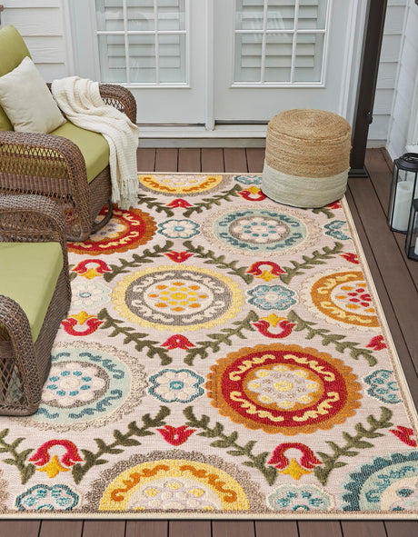 Ivory Beige 6' 1 x 9' Outdoor Casablanca Rectangle Area Rug Weather Resistant for Patio, Deck, Terrace, Balcony, Porch Polypropylene Vivid Colorful Modern Carpet for Sale at Rug Engine