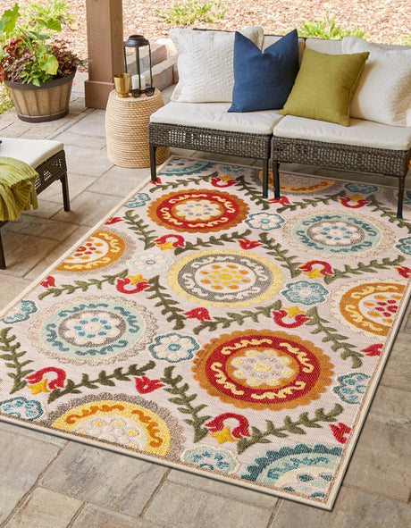 Ivory Beige 7' 10 x 10' Outdoor Casablanca Rectangle Area Rug Weather Resistant for Patio, Deck, Terrace, Balcony, Porch Polypropylene Vivid Colorful Modern Carpet for Sale at Rug Engine
