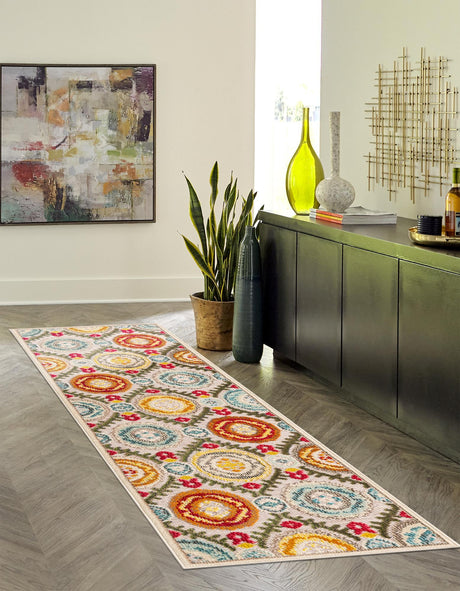 Ivory Beige 2' 7 x 10' Outdoor Casablanca Runner Area Rug Weather Resistant for Patio, Deck, Terrace, Balcony, Porch Polypropylene Vivid Colorful Modern Carpet for Sale at Rug Engine